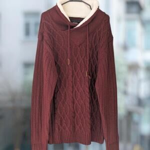 XRAY Men's 3XL Cable Knit Sherpa Cowl Neck Drawstring Pullover Sweater Burgundy